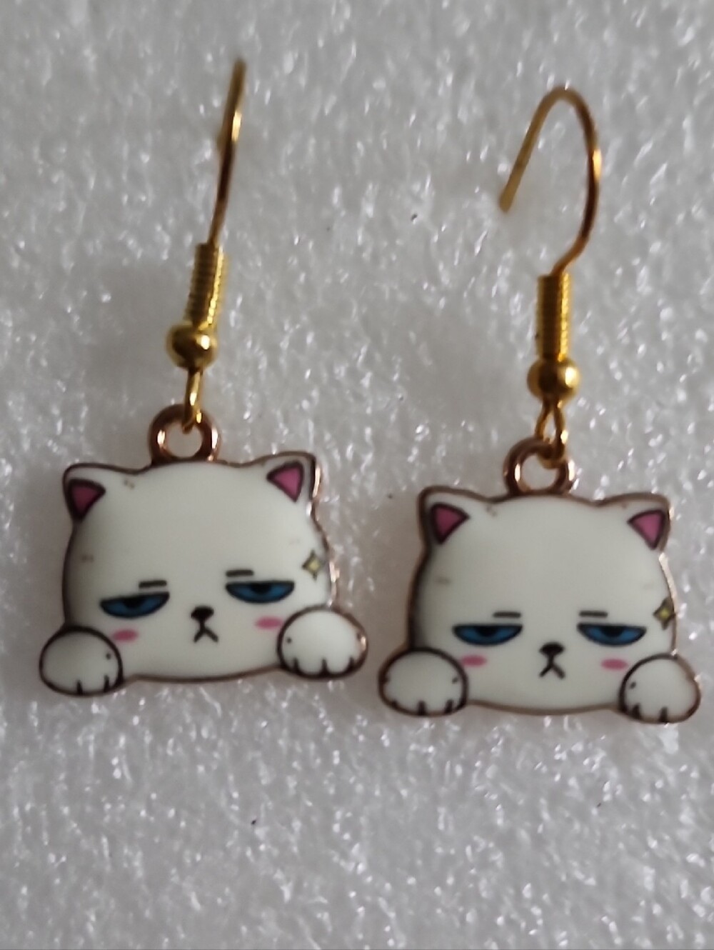 Hand Crafted White Cat Face Drop Earrings with Gold Hooks
